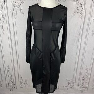 Cocktail Dress Black Mesh Patchwork See-through Sexy Long Sleeves